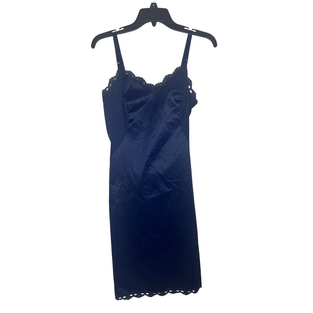 Vintage 1960s Shadowline Size 34 Navy Blue 100 % Nylon Slip Lace Trim